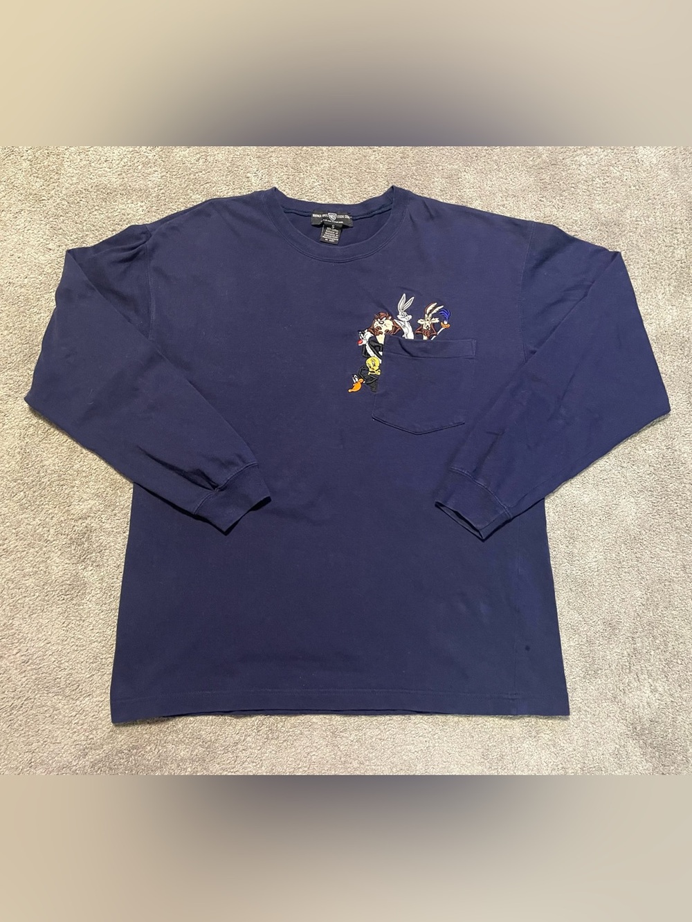 Vintage Looney Tunes Pocket T Shirt Mens S Embroidered Blue Warner Bros LS